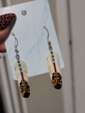 Hand-Painted Feather Drop Earrings in Cream and Multicolor - Women Jewelry